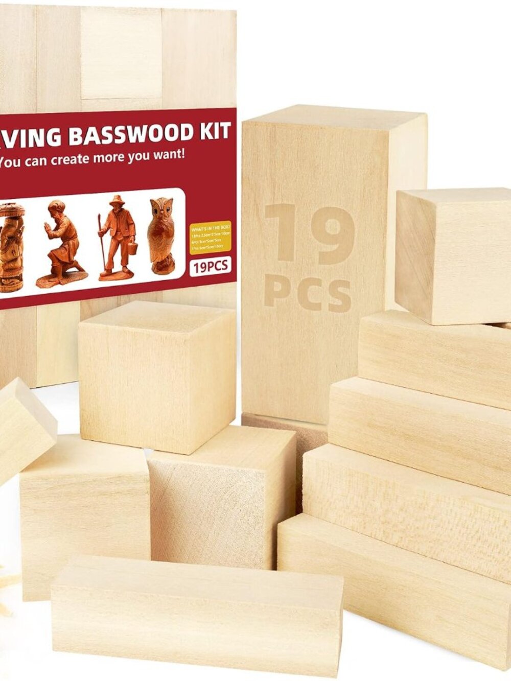 Basswood Carving Blocks, 19PCS Whittling Wood Blocks Kit with 3 Different Sizes,